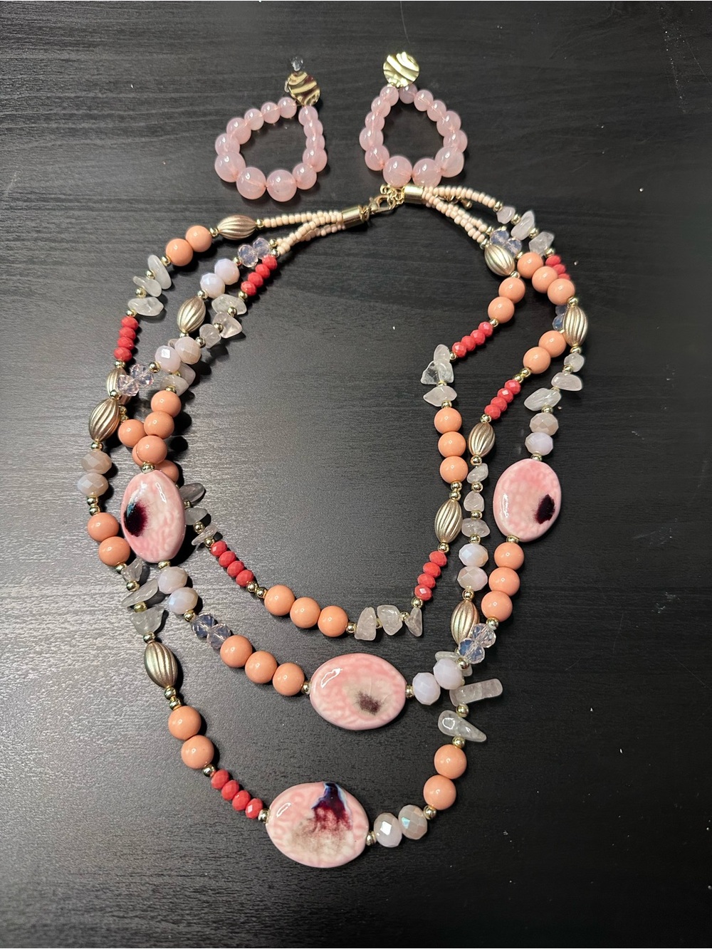Pink Multi-Strand Beaded Necklace with Matching Hoop Earrings